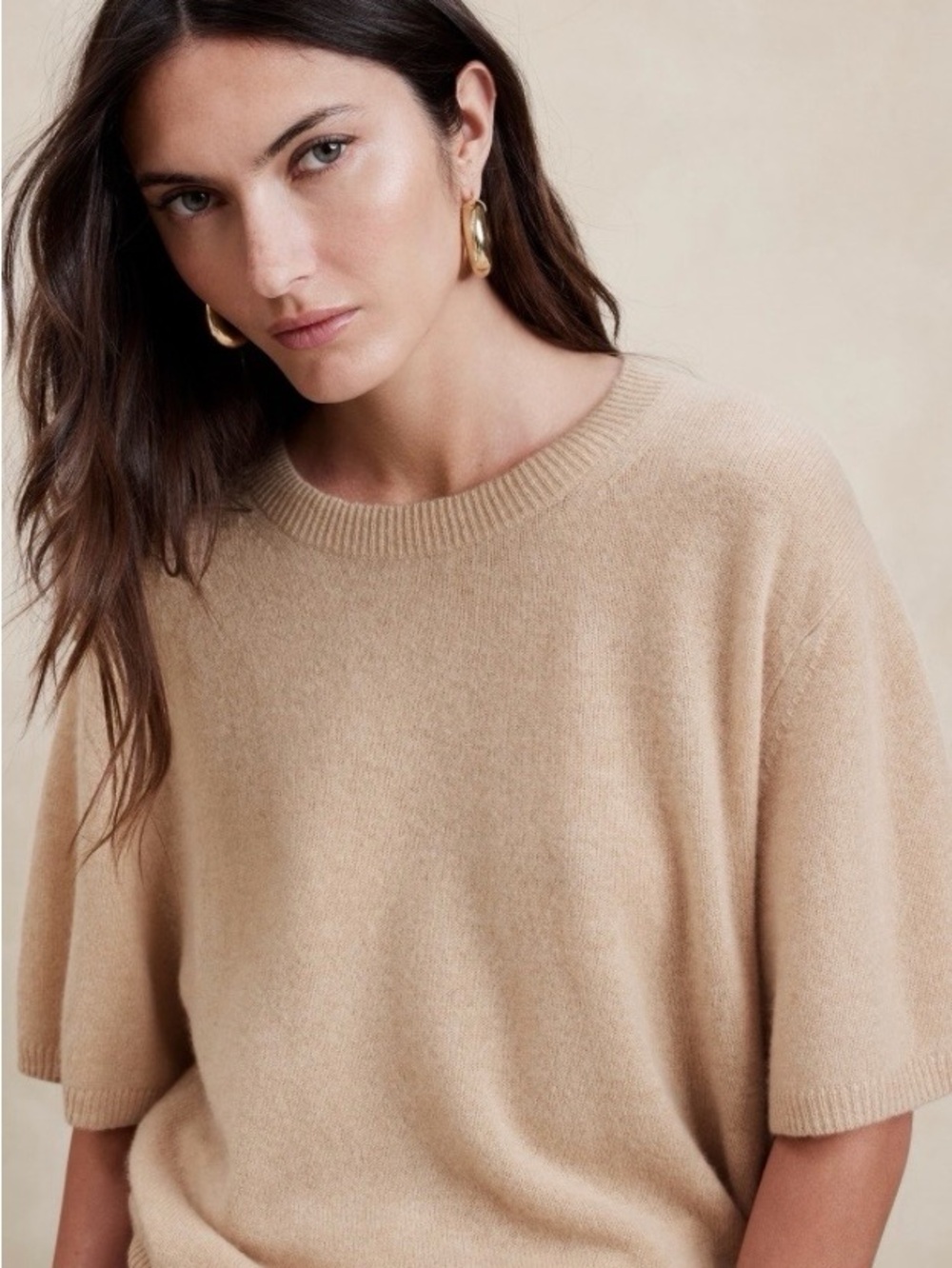 Camel Short-Sleeve Cashmere Sweater